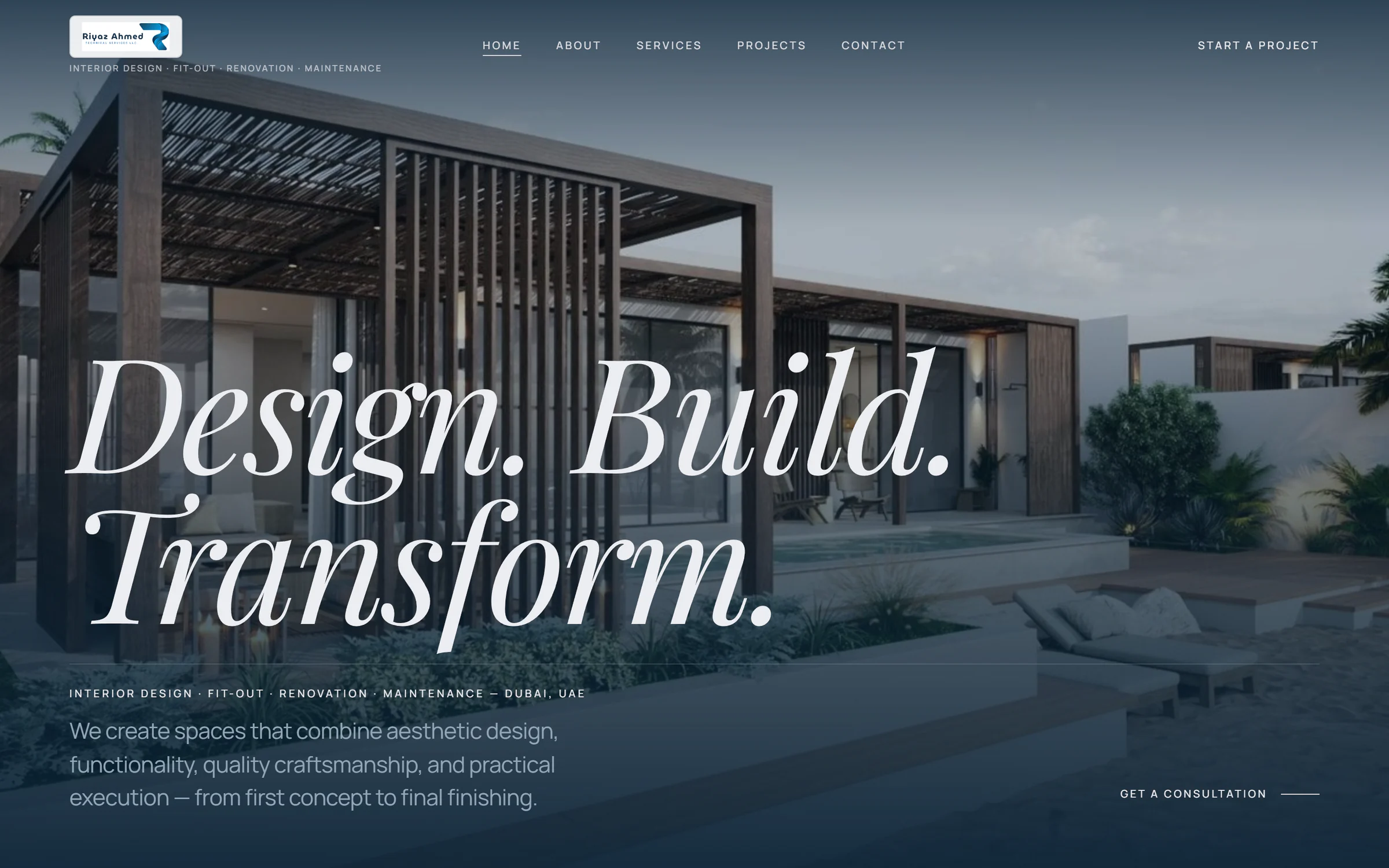 The Riyaz Ahmed Technical Services homepage, showing a villa exterior at dusk under the words Design. Build. Transform.