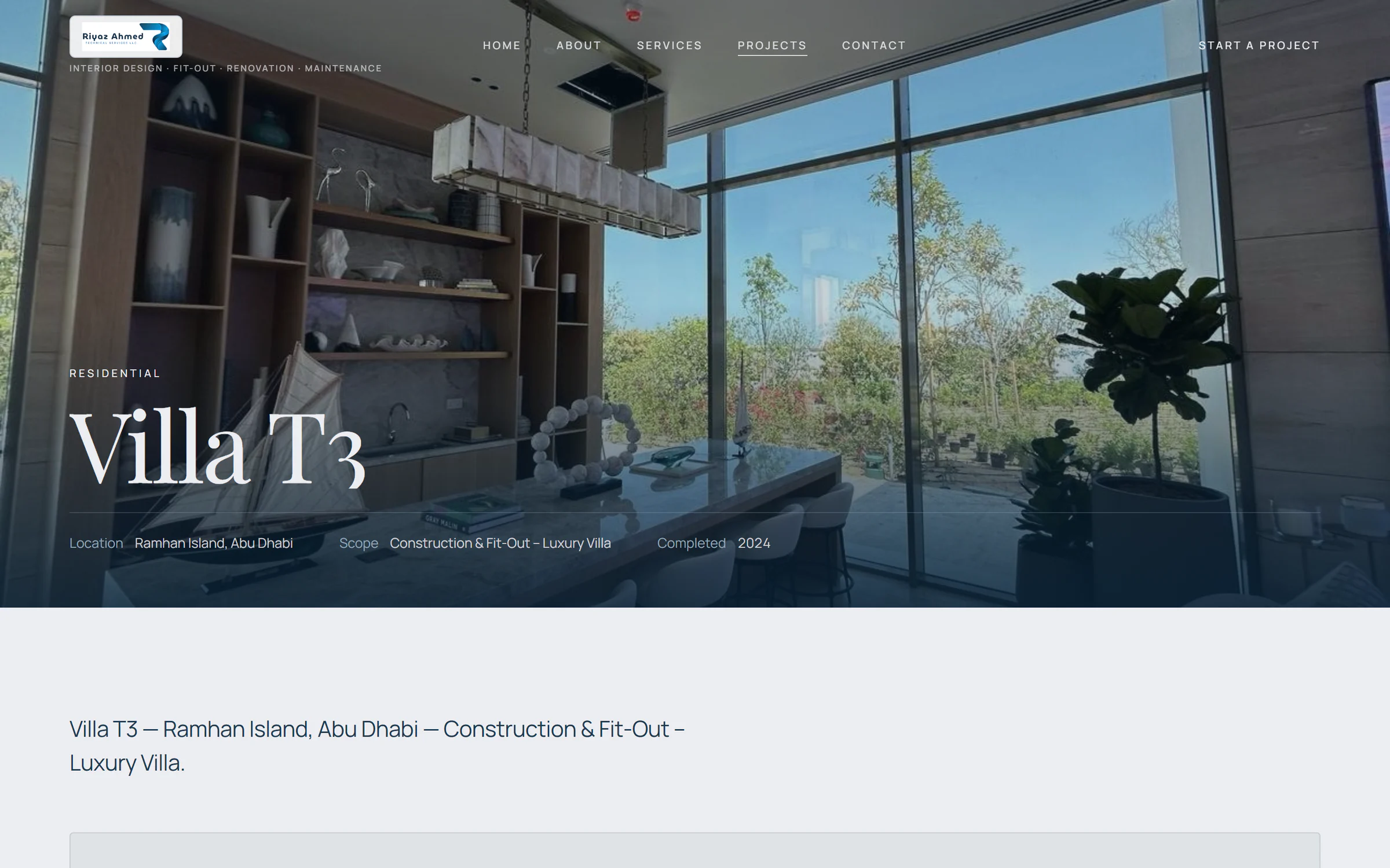 A project page on the Riyaz Ahmed site for Villa T3 on Ramhan Island.