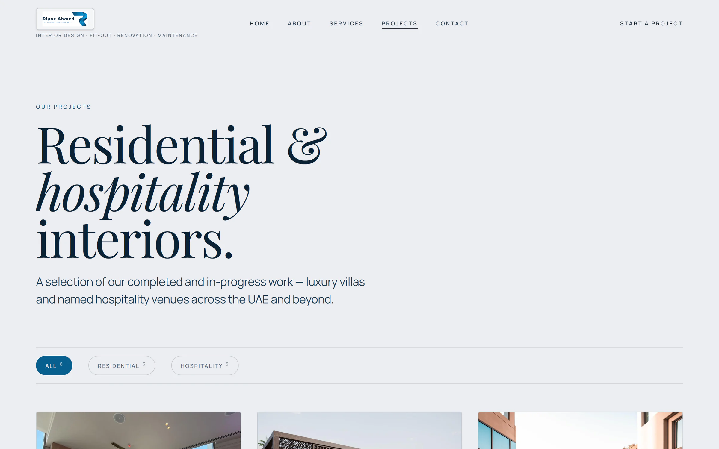 The projects index on the Riyaz Ahmed site, listing completed fit-out and renovation work.