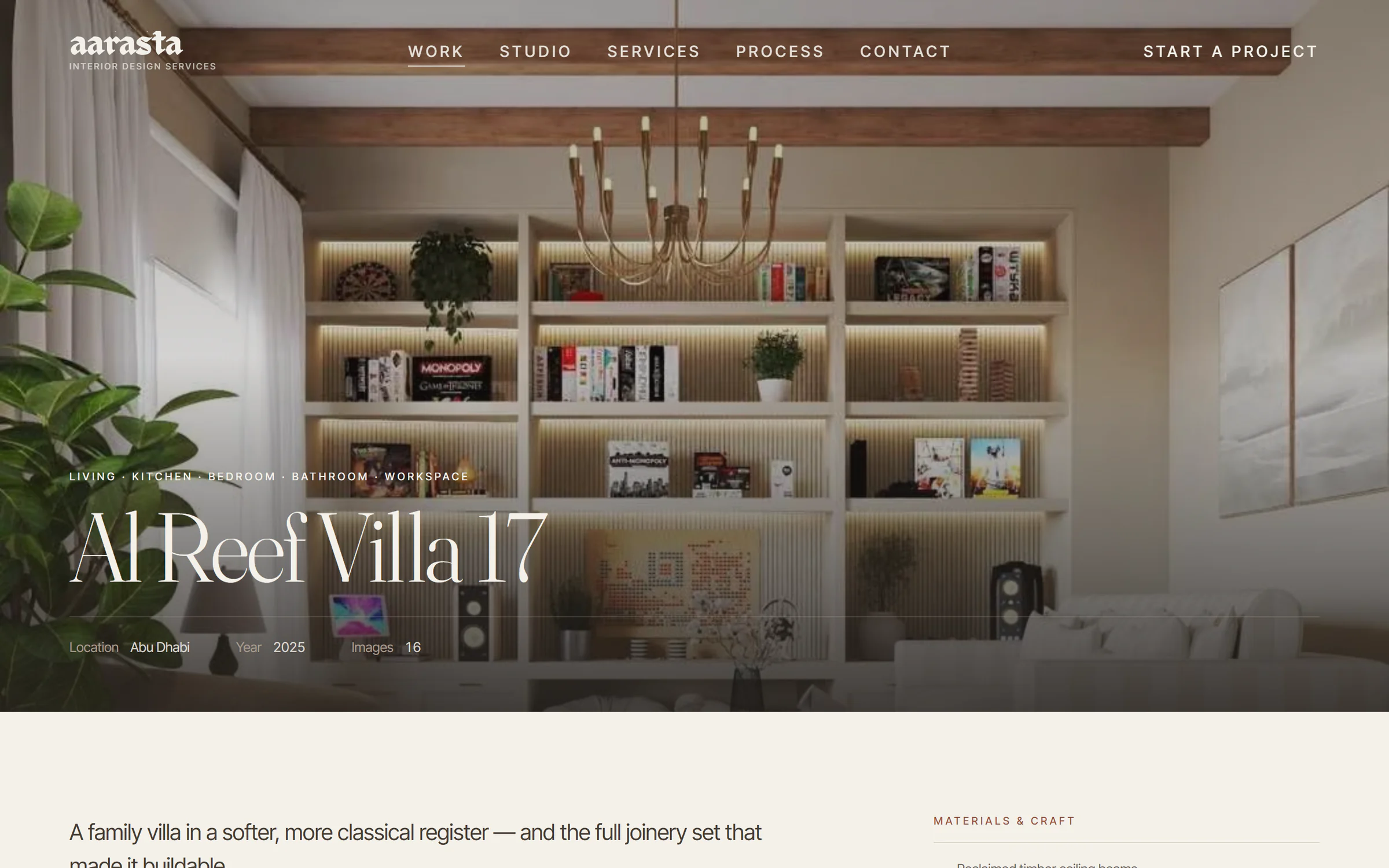 The Al Reef Villa 17 project page on the Aarasta site, with the project title over a render of a built-in shelving wall.